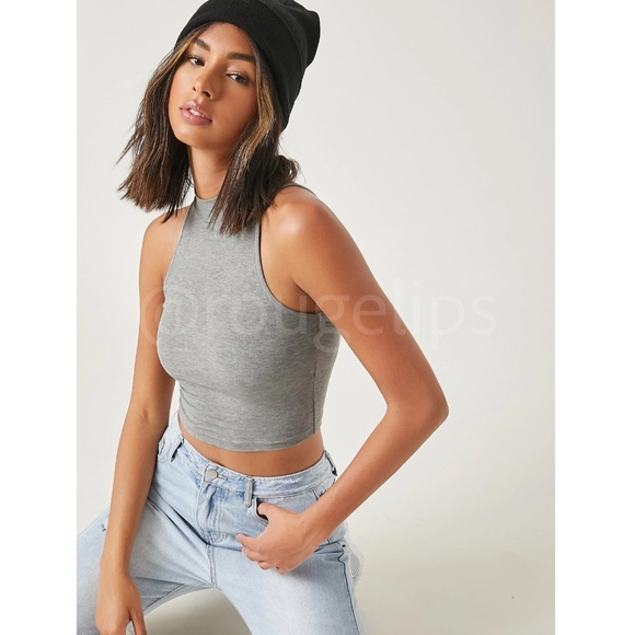High Neck Grey Crop Tank Top - Picture 3 of 7